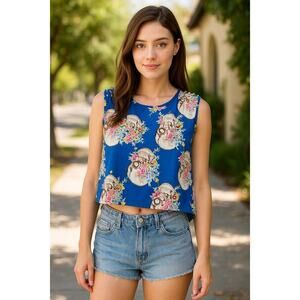 Blue Skull Floral Studded Sleeveless Crop Tank Top, Edgy Festival - Size S/M
